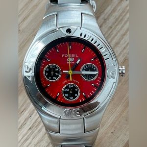 Fossil Blue Vintage Chronograph Style Red Dial Date Dials Stainless Bracelet